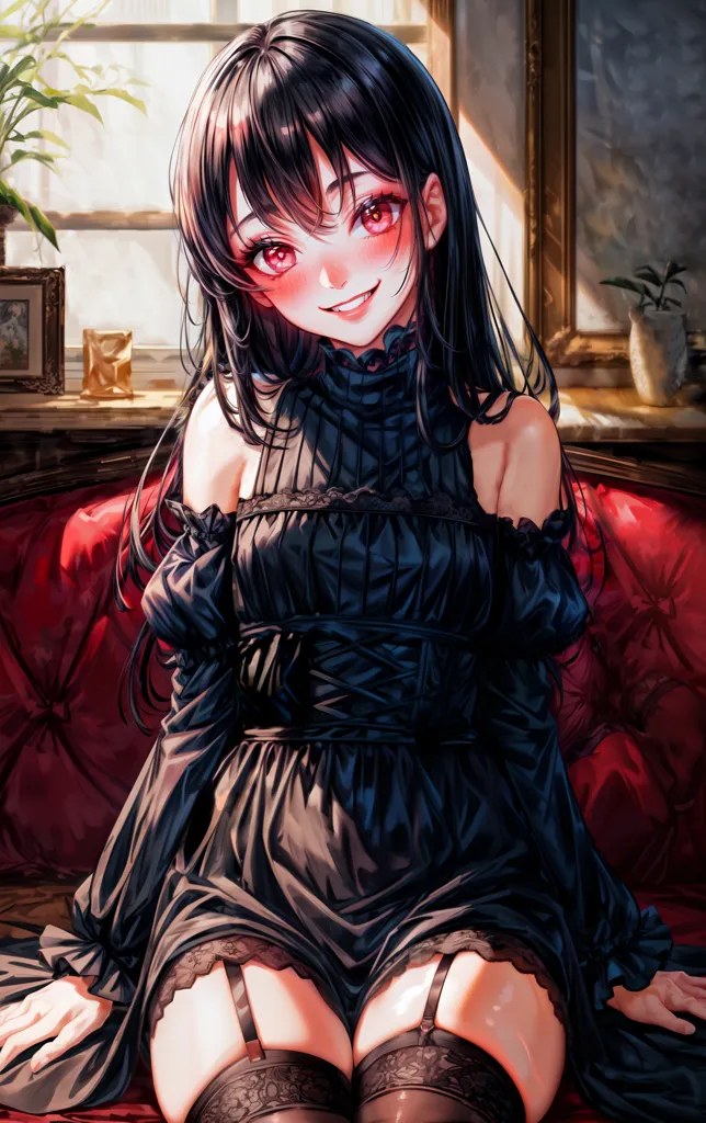 The image shows a young woman with long black hair and red eyes. She is wearing a black dress with a white collar. The dress is off the shoulders and has a corset-like bodice. She is also wearing black stockings and black boots. She is sitting on a red velvet chair in front of a window. There is a plant on the windowsill. The woman has a happy expression on her face and is looking at the viewer.