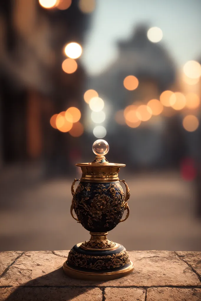 The image is a close-up of an ornate golden goblet with a round glass lid. The goblet is decorated with intricate carvings and has two handles in the shape of mythical beasts. It is sitting on a stone surface with an out of focus background containing blurry lights.