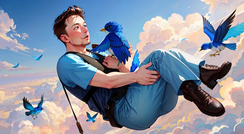 This is an image of a person falling through a blue sky. The person is wearing a blue shirt and jeans. They have their arms outstretched and are surrounded by blue birds. The person's expression is one of surprise. The image is set against a backdrop of white clouds.