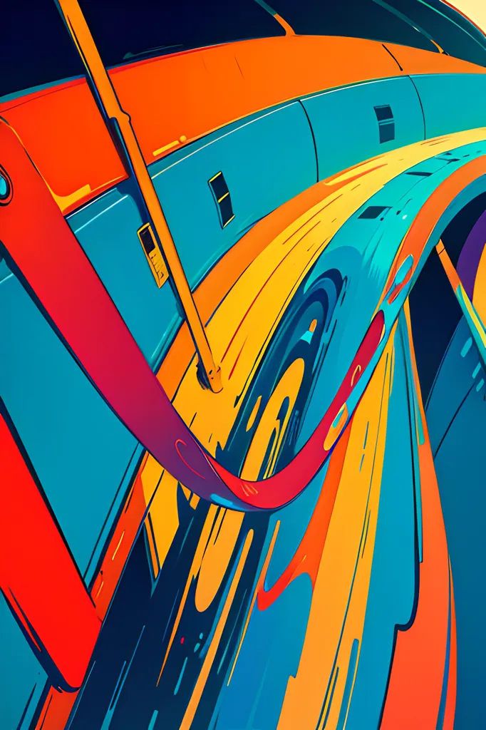 This is an abstract painting. The painting is full of bright colors and has a very dynamic composition. The main focus of the painting is a large, curved shape that is orange and yellow in the center and blue and purple at the edges. This shape seems to be in motion, and it creates a sense of energy and excitement. The background of the painting is a deep blue, which helps to make the main shape stand out. The painting is also full of smaller shapes and details, which add to its visual interest. Overall, this is a very striking and dynamic painting that is sure to capture the attention of viewers.