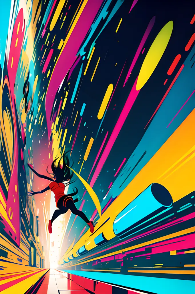 The image is a colorful depiction of a city. There is a blue tube in the foreground on the right side of the image, and a bright light at the end of the tunnel. The background is filled with bright colors and streaks of light. There is a person in the center of the image who appears to be jumping or leaping. The person is wearing a red shirt and has long black hair. The image is very dynamic and has a sense of movement.