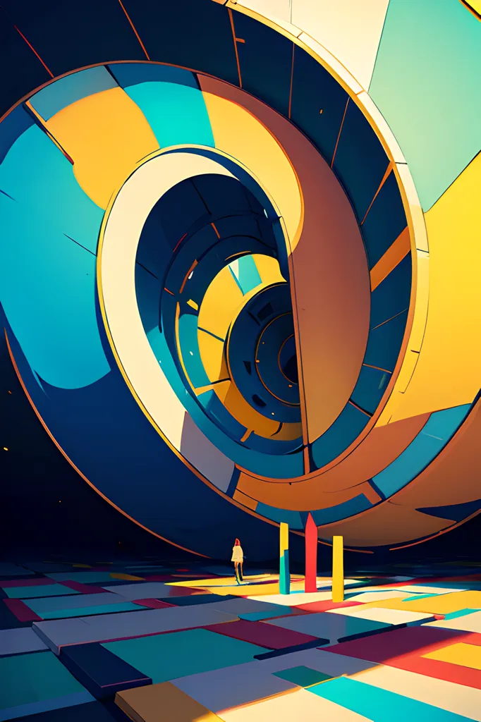 The image is a colorful spiral tunnel. The tunnel is made up of blue, yellow, and orange stripes. There is a person standing in the center of the tunnel. The person is wearing a white shirt and black pants. The tunnel is lit by a bright light at the end of the tunnel.