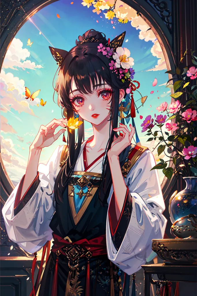 The image is a painting of a young woman in a traditional Chinese dress. She has long black hair, red eyes, and cat ears. She is wearing a white and blue top with a red skirt. There are flowers in her hair and she is holding a flower in her hand. There is a vase with flowers on the table next to her and a butterfly is flying towards her. The background is a blue sky with white clouds. The painting is done in a realistic style and the colors are vibrant and bright.