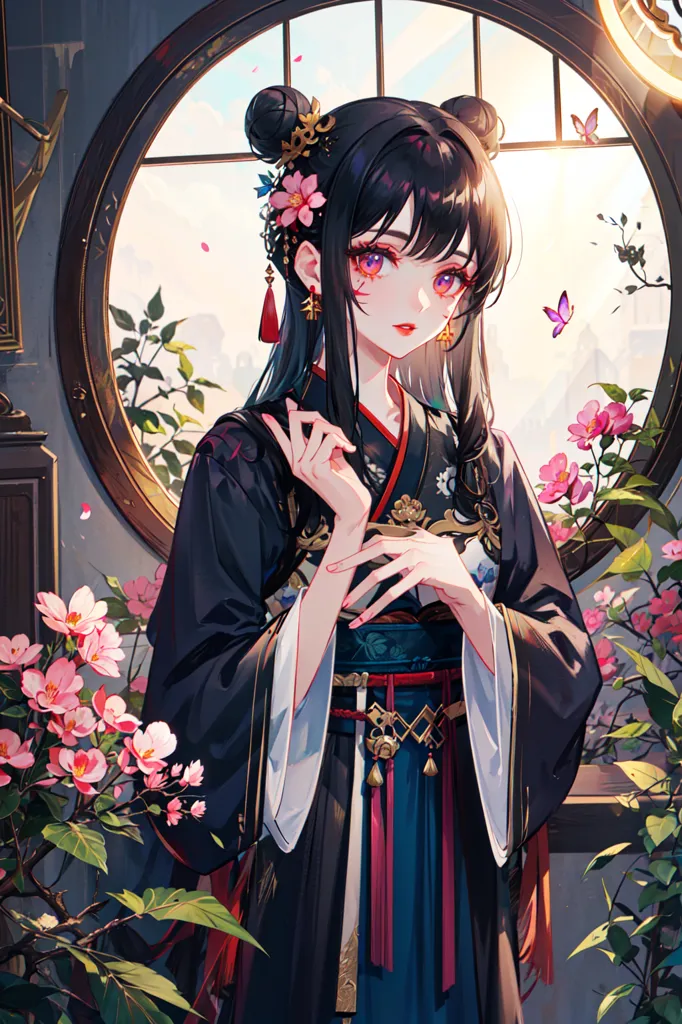 The image is a painting of a young woman in a traditional Chinese dress. She is standing in a garden with a round window in the background. The woman is wearing a black dress with white and red accents. Her long black hair is up in a bun and she is wearing a red flower in her hair. She is also wearing red earrings and a necklace. The woman is standing in front of a round window. The window is surrounded by pink flowers. There is also a pink butterfly on the window. The woman is looking at the viewer with a slight smile on her face.