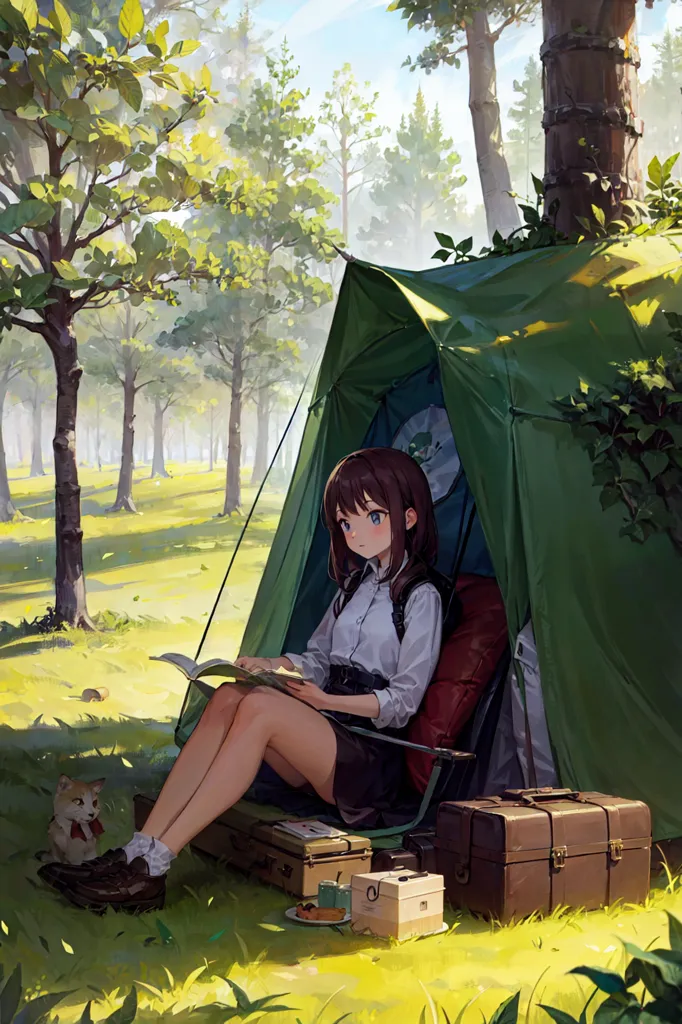 A young girl with brown hair is sitting in a green tent and reading a book. She is wearing a white shirt, gray skirt, and brown shoes. There is a cat sitting beside her. There are two suitcases, a plate with food, and a cup on the ground next to her. The tent is in a forest and there are trees all around.