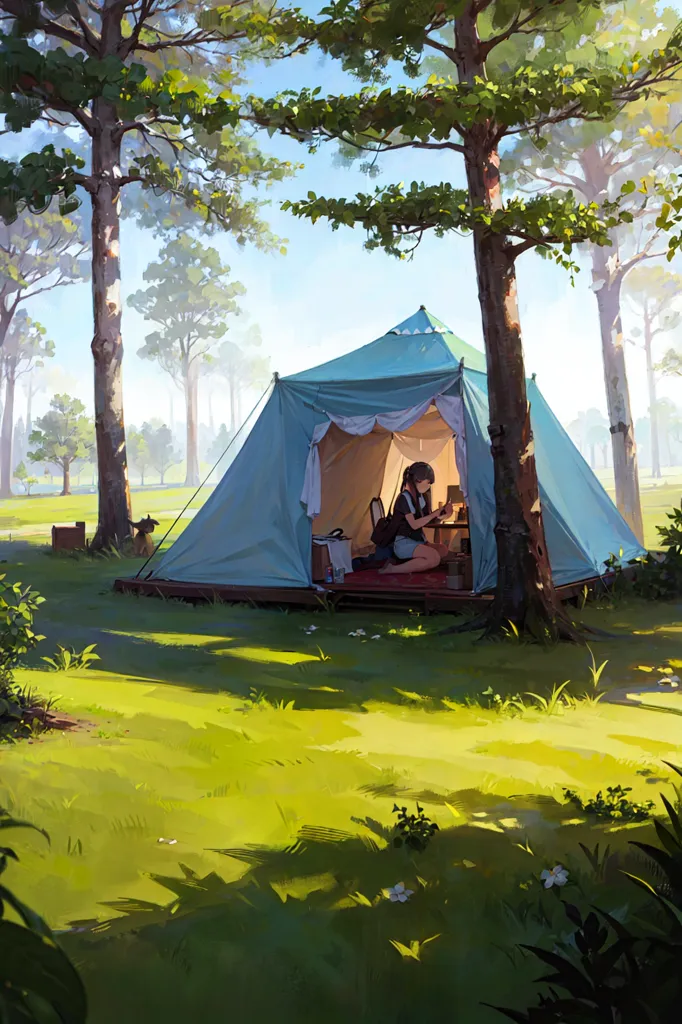 The image is of a campsite in a forest. There is a large blue tent set up on a wooden platform. The tent is open and a girl is sitting inside it, reading a book. There is a small brown dog sleeping outside the tent. There are trees all around the campsite and the sun is shining through the trees. The grass is green and there are some flowers in the foreground. The image is peaceful and serene.