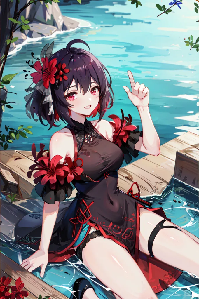 The image shows an anime-style girl with dark purple hair and red eyes. She is wearing a black cheongsam-style dress with red and gold trim and red flower-shaped hair accessories. She is sitting on a wooden dock in a body of water, with one hand raised in the air. The background is a blur of water and greenery.