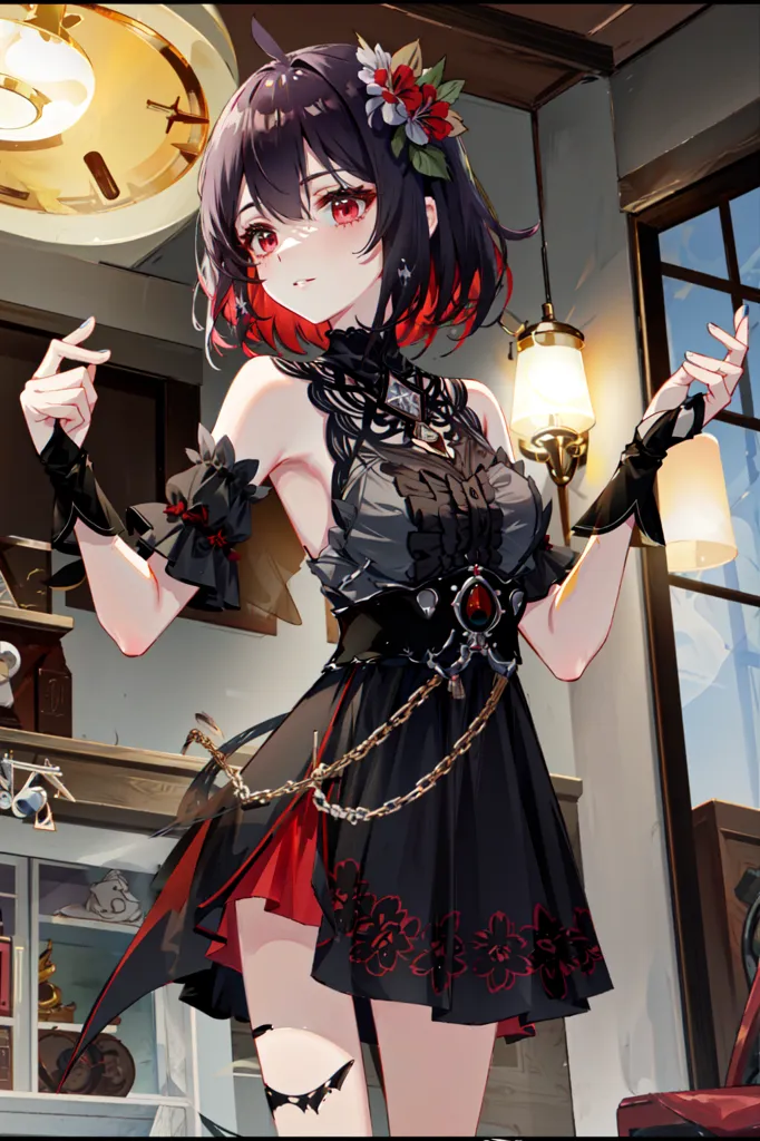 The image is of an anime girl with long black hair and red eyes. She is wearing a black and red dress with a white collar. The dress is trimmed with gold and has a long slit in the skirt. She is also wearing black gloves and boots. Her hair is styled with a large red bow on the right side of her head. She is standing in a room with a large clock on the wall. There is a lamp on the table next to her. The girl is looking at the viewer with a shy smile on her face.