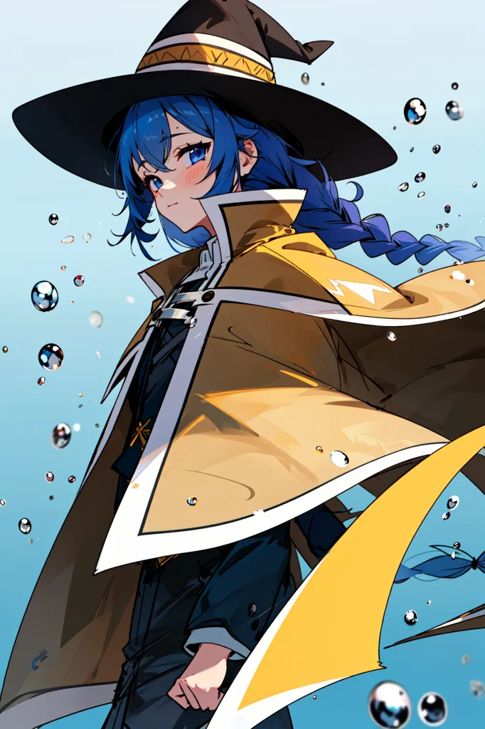 The image is a portrait of a young woman with blue hair and eyes. She is wearing a black hat and a yellow coat with a white shirt underneath. She has a confident expression on her face and is looking to the left. The background is a light blue color.