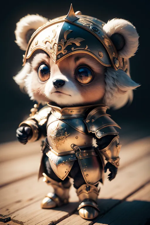 The image shows a small, cartoon raccoon wearing a suit of armor. The raccoon is standing on a wooden surface, and it is looking at the viewer with its big, round eyes. The armor is made of metal and has a gold finish. The raccoon is wearing a helmet, a breastplate, and leg guards. It is also carrying a sword. The image is very detailed, and the raccoon's fur and armor are rendered realistically.