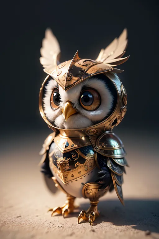 This image shows an owl wearing a suit of golden armor. The owl is standing on a brown surface, and there is a dark background behind it. The owl has big, round eyes and a fluffy white belly. The armor has intricate designs on it. The owl looks like it is ready for battle.