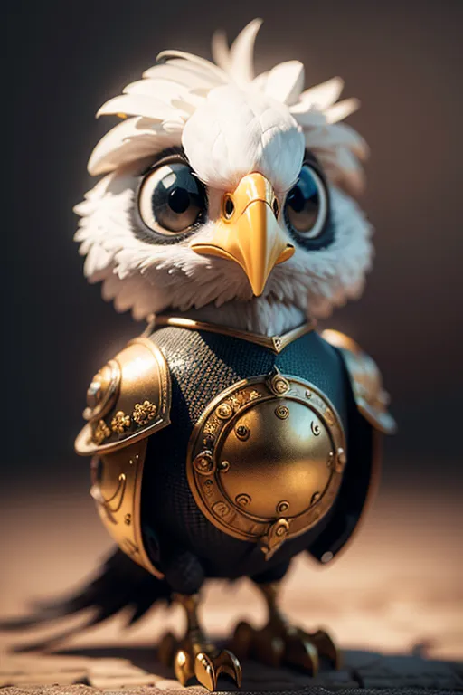 The image shows a cartoon owl with big eyes and a yellow beak. It is wearing a breastplate with a golden shield in the center. The breastplate is dark grey with golden edges. The owl is standing on a brown surface. It has white feathers on its head and brown feathers on its body. Its feet are yellow and it has a serious expression on its face.