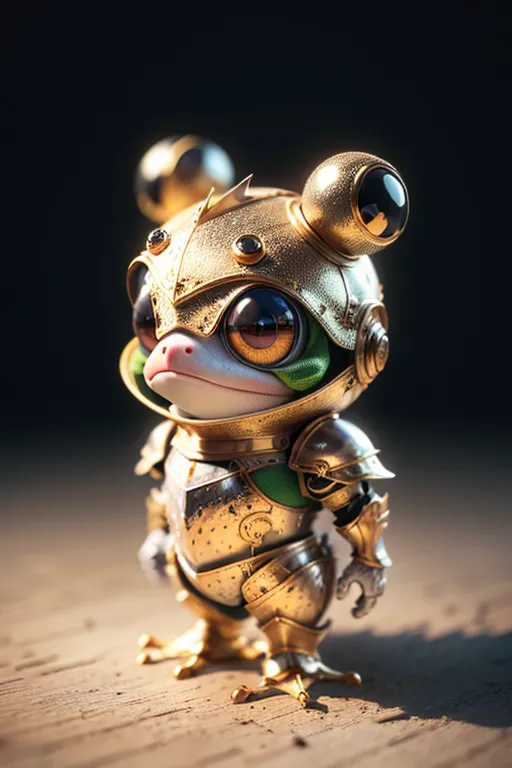 The image shows a small, green frog wearing a suit of golden armor. The frog is standing on a wooden surface, and it is looking at the viewer with its big, round eyes. The armor is made of several pieces, including a helmet, breastplate, and leg guards. The frog's feet are not covered by the armor, and its toes are visible. The frog is also wearing a pair of goggles. The image is rendered in a realistic style, and the textures of the frog's skin and the metal armor are clearly visible.