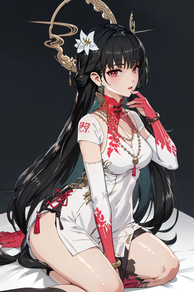 The image is of a young woman with long black hair and red eyes. She is wearing a white and red dress with a high collar and a long slit on one side. She is also wearing a number of gold and red accessories, including a necklace, earrings, and bracelets. Her hair is done up in an elaborate style with a number of hairpins and other ornaments. She is sitting on a white surface with one hand on her hip and the other holding a red flower. She has a thoughtful expression on her face.