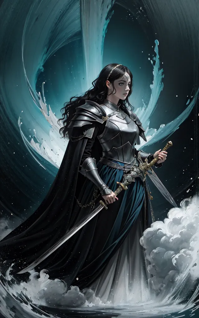 This is an image of a woman standing in front of a blue and white background. She is wearing a suit of armor and a long blue dress. She has long black hair and is holding two swords.