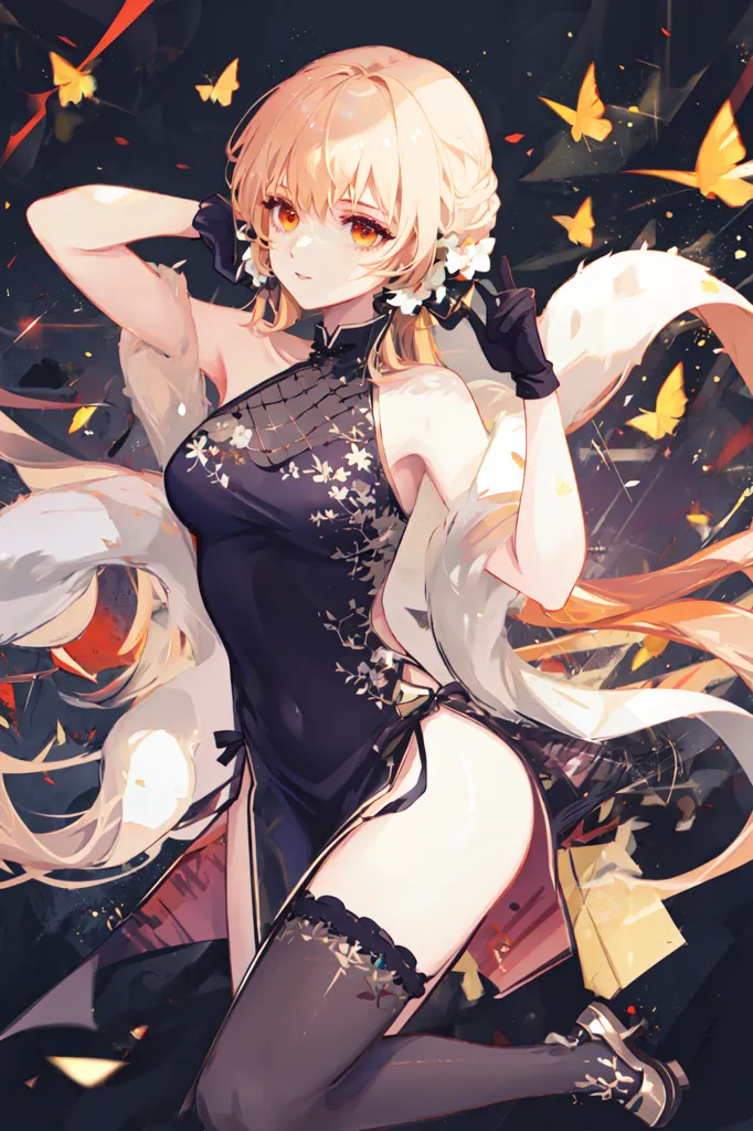 The image is a painting of a young woman in a black cheongsam with white and pink flower patterns. She has long blonde hair and orange eyes. She is wearing a white glove on her right hand and has a white ribbon tied around her neck. She is standing in front of a dark red background with several butterflies of various colors flying around her.