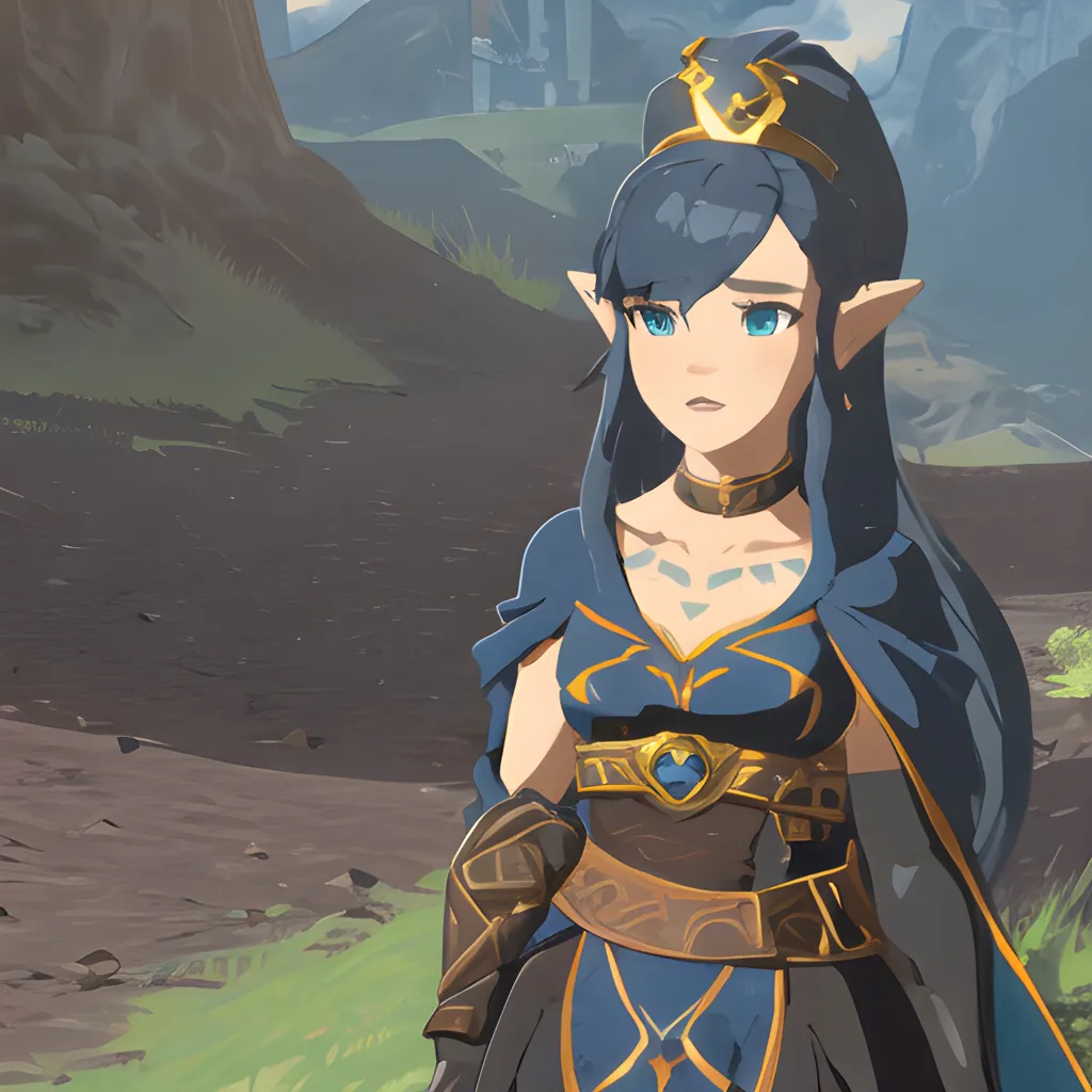 This is an image of a character from the Legend of Zelda video game series. She is standing in a field, looking to the right of the frame. She has long blue hair, blue eyes, and pointed ears. She is wearing a blue and gold outfit and a crown. She is also carrying a sword and a shield.