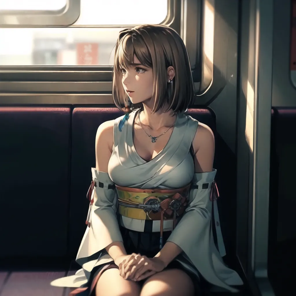 The image shows a young woman with brown hair and brown eyes sitting in a train. She is wearing a white shirt, a yellow obi, and a blue skirt. She is looking out the window, with a thoughtful expression on her face. The train is moving through a city, and the buildings outside the window are blurred.