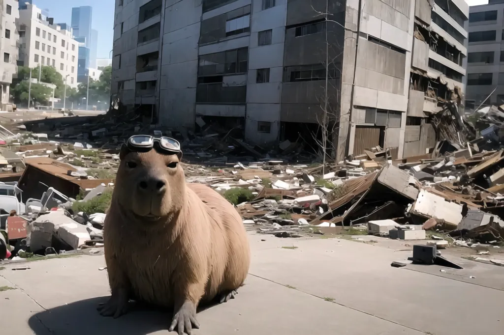 A imagem mostra um capivara usando óculos de proteção sentado em uma cidade destruída. A cidade está em ruínas, com edifícios desmoronados e escombros por toda parte. O capivara está sentado em um monte de escombros e parece estar examinando a destruição. A imagem é ao mesmo tempo engraçada e pensativa. É engraçada porque é inesperado ver um capivara em uma cidade destruída. É pensativa porque nos lembra da fragilidade de nossas cidades e da importância de protegê-las.