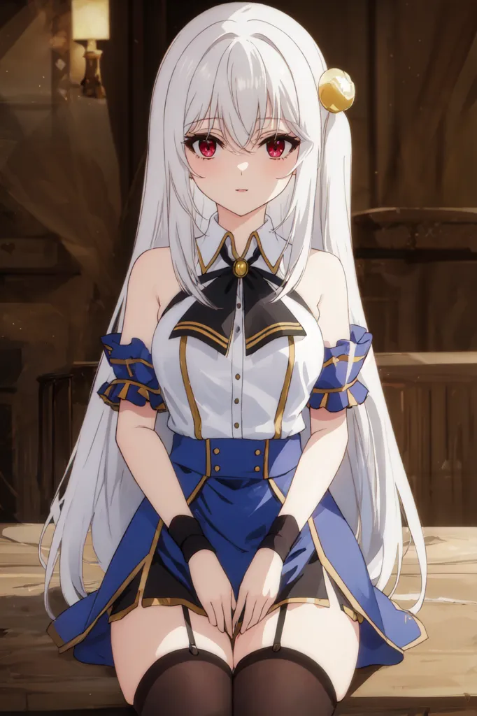 The image shows a young woman with long white hair and red eyes. She is wearing a white and blue dress with a black choker. She is sitting in a dark room with wooden walls and a large wooden table behind her. There is a candle on the table.