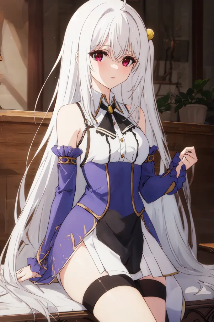 La imagen es de una hermosa chica de anime con el cabello largo y blanco y ojos rojos. Ella está usando un vestido morado y blanco con un collar negro. Ella está sentada en un banco en una biblioteca, leyendo un libro. El fondo está borroso, pero parece que hay estantes de libros detrás de ella. La chica mira a la cámara con una expresión curiosa.