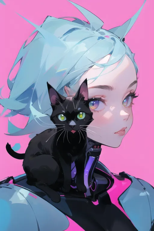 The image is a portrait of a young woman with short blue hair and purple eyes. She is wearing a black choker and a pink and blue bodysuit. She has a black cat with green eyes perched on her shoulder. The background is a solid pink color. The woman's expression is serious and thoughtful. She seems to be lost in thought, contemplating something important. The cat is looking up at the woman with an affectionate expression. It seems to be very attached to her. The image is drawn in a semi-realistic style, with a focus on the woman's and cat's facial expressions. The colors are vibrant and saturated, and the linework is clean and precise. The overall effect is one of beauty and mystery.