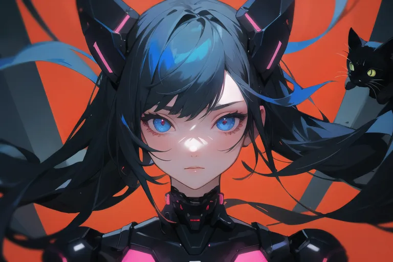 This is an image of a young woman with long blue and black hair. She is wearing a black and pink bodysuit with a high collar. She has blue eyes and a small black cat is perched on her right shoulder. The background is a bright orange color. The girl's expression seems serious.