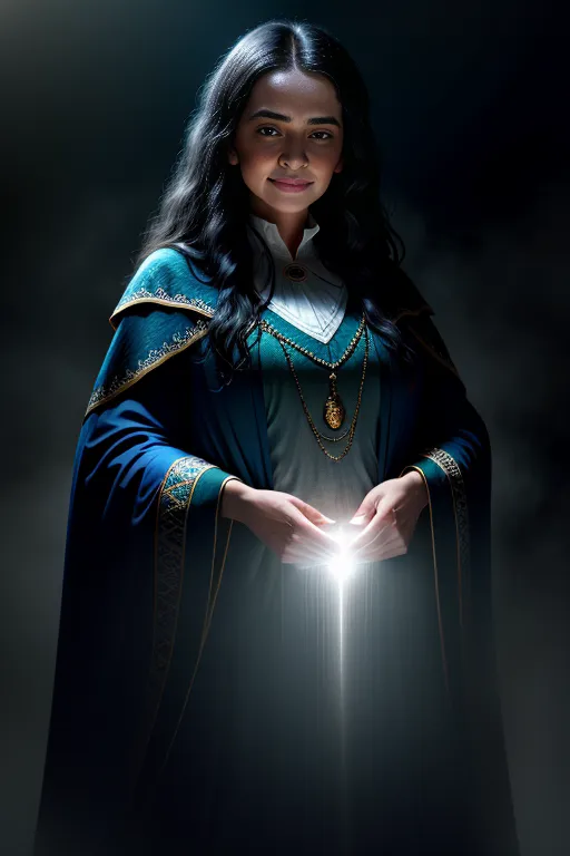 The image shows a young woman, probably in her early twenties, with long, dark hair and light brown skin. She is wearing a blue robe with gold trim and a white shirt with a high collar. She has a gold necklace with a green gem in the center. She is holding her hands out in front of her with a soft glow of white light between them. She has a serene smile on her face. The background is dark.