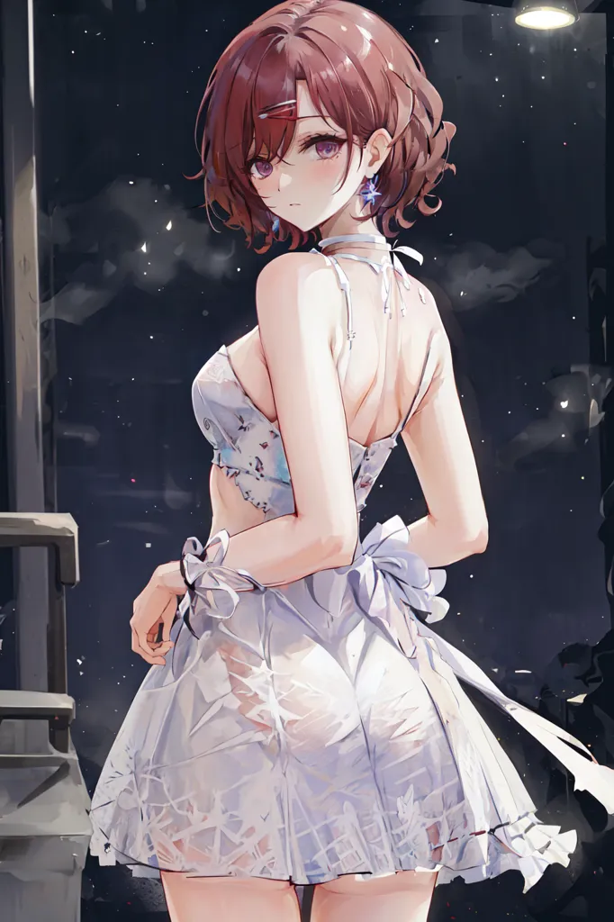 This is an image of a young woman with short brown hair and purple eyes. She is wearing a white dress with a blue ribbon at the waist. The dress is semi-transparent. She is standing in front of a dark blue background with a single street lamp in the upper right corner.