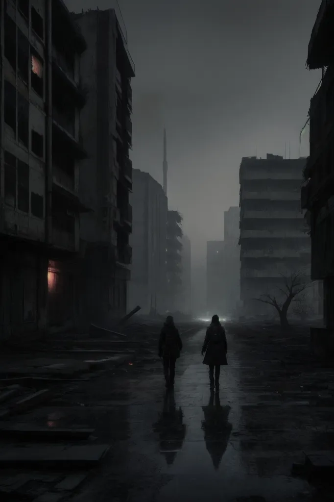 A imagem é uma cena de rua escura e nevoenta. Há duas figuras caminhando afastando-se da câmera. A rua é ladeada por edifícios altos e abandonados. A única luz vem de algumas lâmpadas de rua tremulantes. A imagem está cheia de mistério e suspense. Não está claro que hora do dia é, mas provavelmente é à noite. A rua está vazia, exceto pelas duas figuras. Os edifícios estão em vários estados de deterioração, e alguns deles estão completamente destruídos. A imagem é um lembrete da fragilidade da civilização humana.