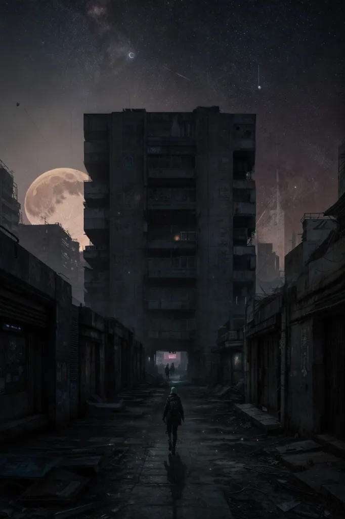 L'image représente une ville sombre et post-apocalyptique. La lune est pleine et il y a des étoiles dans le ciel. Les bâtiments sont grands et abandonnés. Les rues sont vides et il n'y a aucun signe de vie. L'image est très atmosphérique et évoque un sentiment de désespoir et de désespoir.