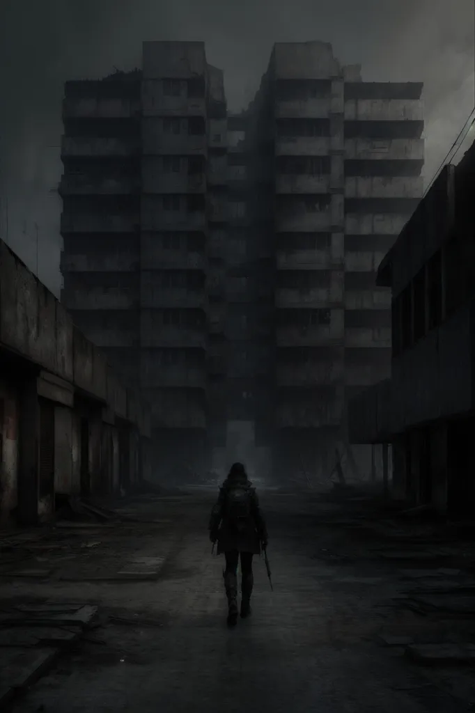 L'image se déroule dans une ville post-apocalyptique. Les bâtiments sont en ruines, les rues sont vides et il y a un épais brouillard dans l'air. Une silhouette solitaire marche dans la rue. Elle porte un long manteau et un chapeau, et elle porte un sac à dos. Elle semble fatiguée et épuisée, et elle a l'air perdue. L'image est pleine de mystère et de suspense. On ne sait pas ce qui est arrivé à la ville, ni ce que l'avenir réserve à cette silhouette solitaire.