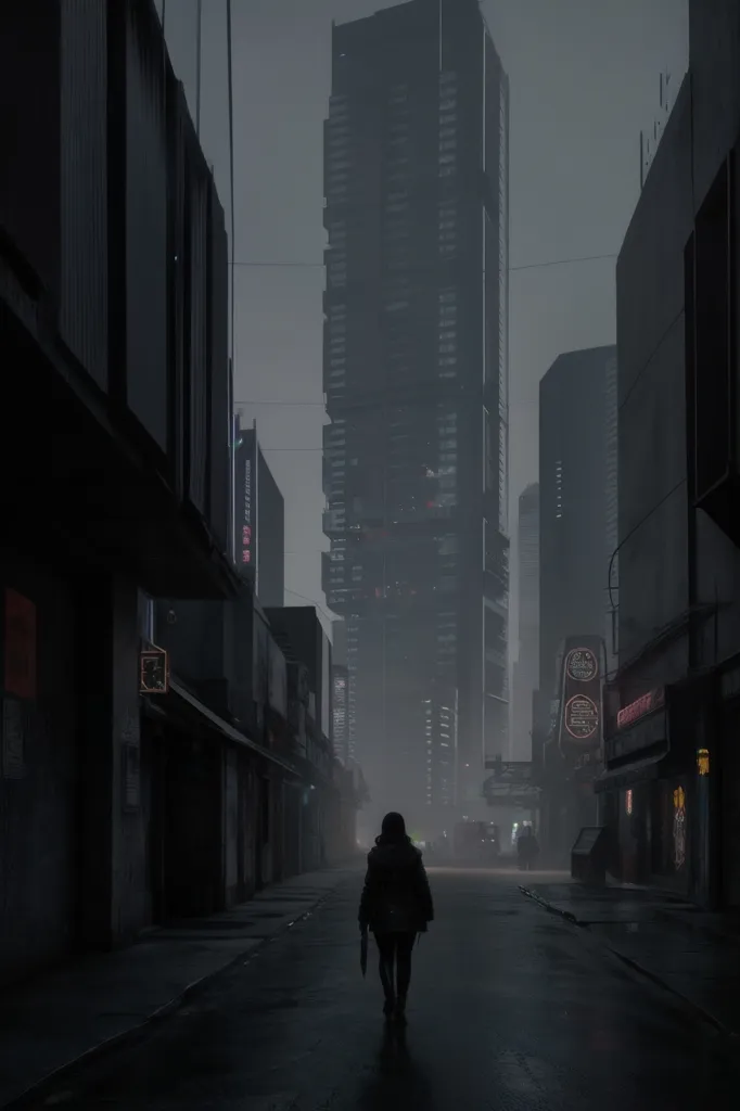 L'image représente une scène de rue sombre et brumeuse dans une ville futuriste. La rue est bordée de grands bâtiments, dont beaucoup sont recouverts d'échafaudages. La rue est vide, à l'exception d'une silhouette solitaire marchant au milieu de la rue. La silhouette porte un long manteau et un chapeau, et elle tient une mallette. La seule lumière provient des lampadaires, qui projettent une lueur terne sur la scène. L'image est pleine de mystère et d'atmosphère, et elle laisse le spectateur se demander ce qui se passe dans la ville et où se dirige la silhouette.