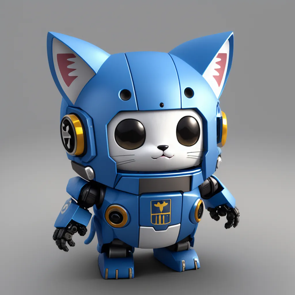 This is a 3D rendering of a cartoon cat wearing a blue and white mech suit. The cat is standing on all fours with its tail sticking straight up in the air. It has large eyes and a small, triangular nose. The mech suit has a visor over the cat's eyes and a pair of cat ears on top of its head. The suit is blue and white, with yellow and grey accents. The cat is standing on a grey surface with a gradient grey background.