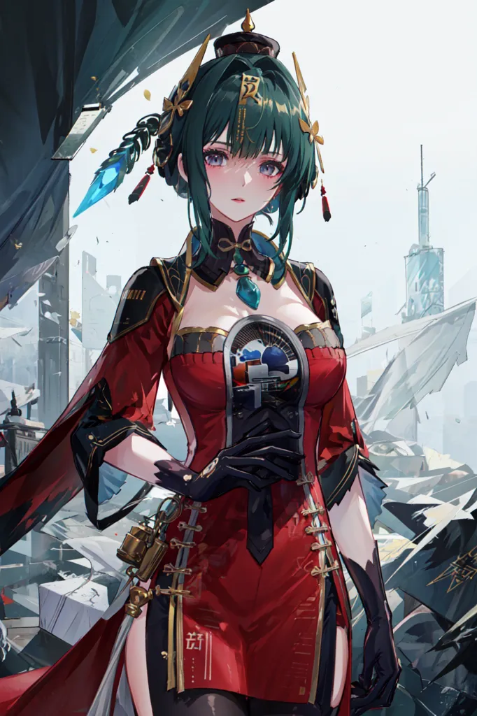 The image is of an anime girl with green hair and red eyes. She is wearing a red and black cheongsam-style dress with a high collar and a long slit on one side. The dress is trimmed with gold and has a large clock-like emblem on the front. She is also wearing a pair of black boots and a pair of white gloves. Her hair is done up in a bun and she has a pair of blue and green earrings. She is standing in a ruined city and there is a large clock tower in the background.