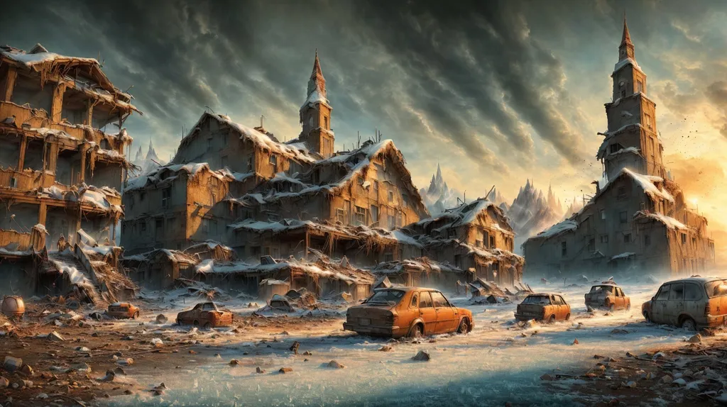 The image shows a post-apocalyptic city. The buildings are all in ruins, and the streets are covered in snow. There are no people or animals visible in the image. The sky is dark and cloudy, and the sun is setting. The image is very detailed, and the artist has used a variety of techniques to create a realistic and immersive scene.