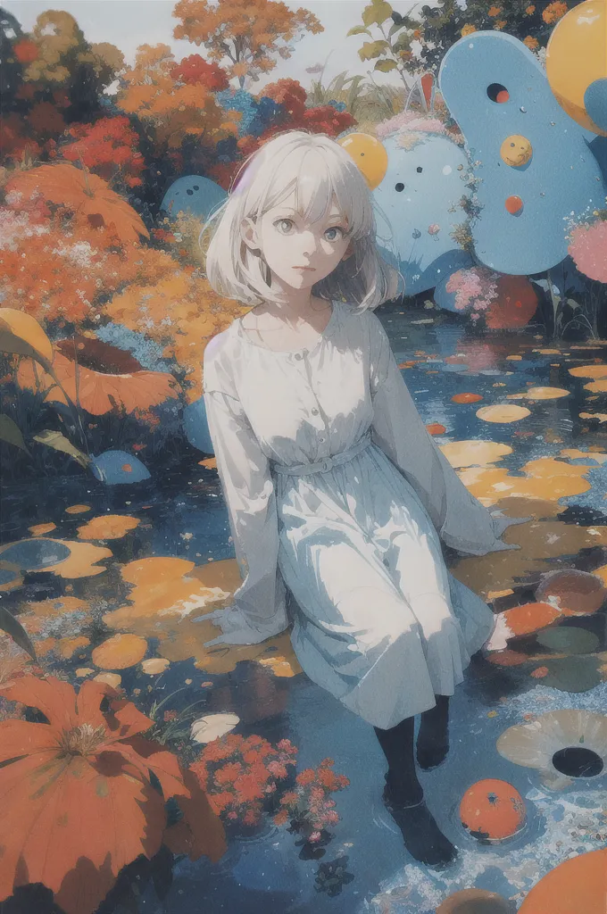 The image is a painting of a girl with short white hair and gray eyes. She is wearing a white dress and is sitting on a lily pad in a pond. The pond is surrounded by colorful flowers and plants. There are also some strange creatures in the background. The painting has a surreal and dreamlike quality.