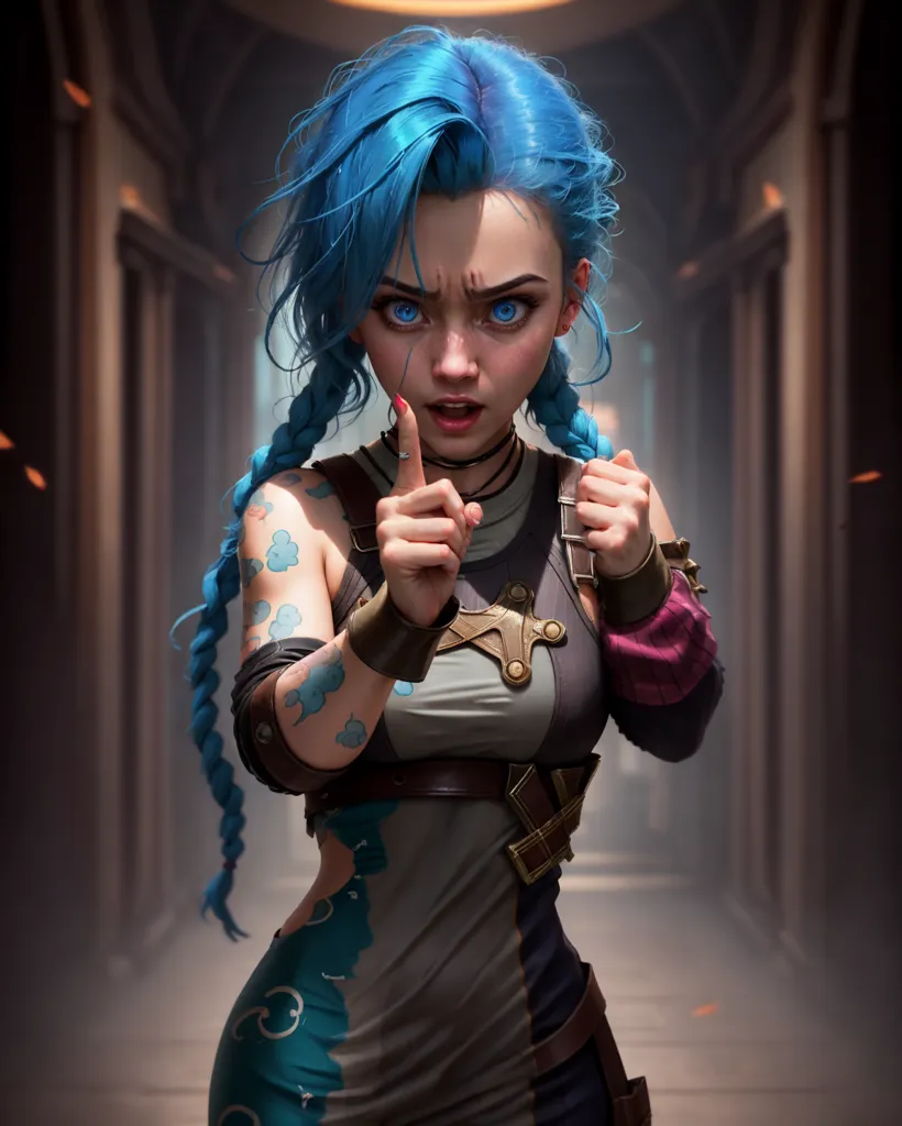 This image shows a young woman with blue hair, blue eyes, and a determined expression on her face. She is wearing a white tank top, a gray corset, and brown pants. She has a finger raised in the air, as if she is making a point. The background is blurry, but it looks like she is in a hallway or corridor.