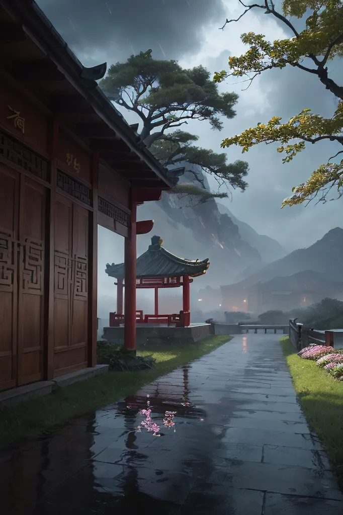 The image is set in a rainy day in an ancient Chinese courtyard. The courtyard is surrounded by tall walls with a tiled roof. There is a tree in the courtyard with pink flowers falling from it. There is a covered walkway along the right side of the courtyard. There is a pavilion at the end of the walkway. The pavilion is red and has a tiled roof. There are some flowers in front of the pavilion. There is a mountain in the background.