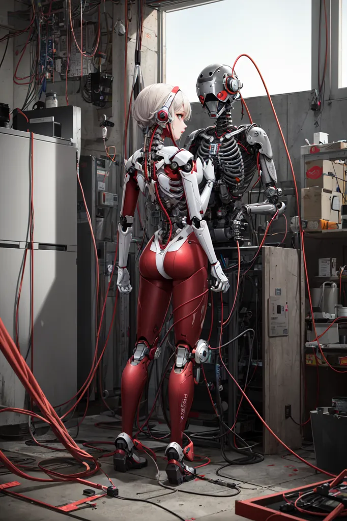 This is an image of a female robot standing in a room with a large window. The robot has white and red armor and is wearing a pair of headphones. There is a skeleton of a robot on the right side of the image, and a bunch of wires on the left side of the image. The robot is looking at the skeleton.