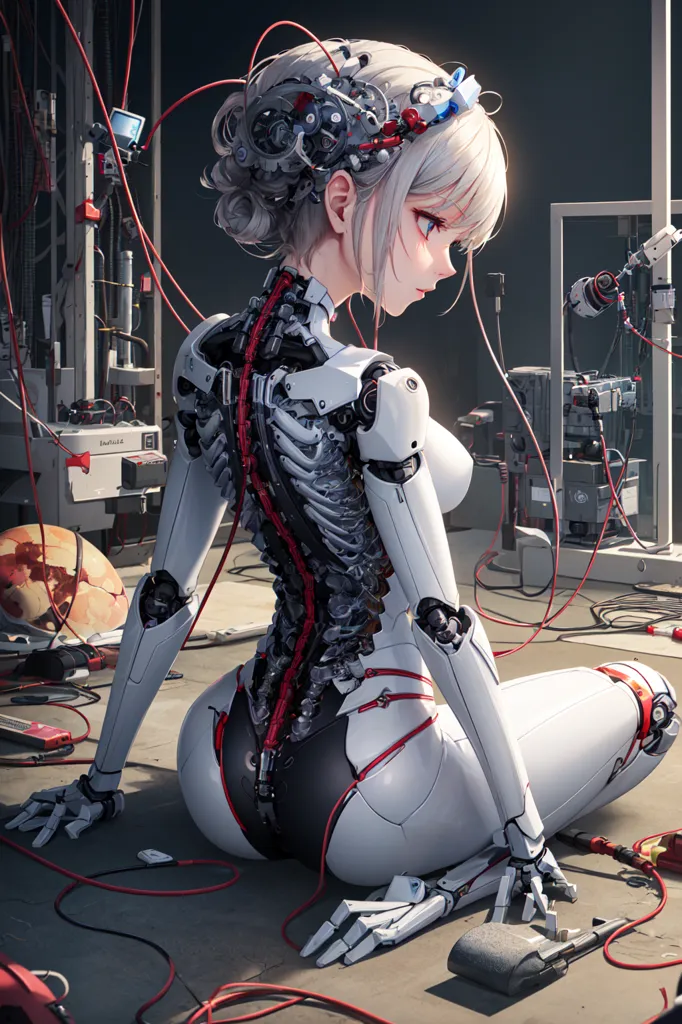 The image is a depiction of a female gynoid, or robot, with white hair and red eyes. She is sitting on the ground in a hunched position, with her knees drawn up to her chest and her arms wrapped around her legs. Her spine is exposed, revealing a complex network of wires and machinery. The background of the image is a blur of machinery and wires. The overall tone of the image is one of sadness and isolation.