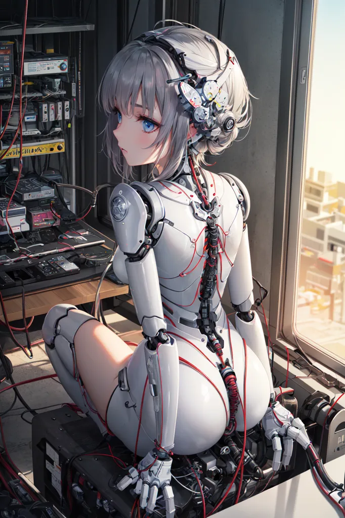 The image depicts a gynoid, or female robot, with a light grey body and silver hair. She is sitting on a table or other surface in front of a large window. The background shows a cityscape with tall buildings. The gynoid's eyes are blue and she has a small, red gem embedded in her forehead. She is wearing a white bodysuit with a high collar. The bodysuit is open at the back, exposing her spine and a mass of wires and cables. The gynoid's legs are crossed at the ankles and she is resting her chin on her right hand.