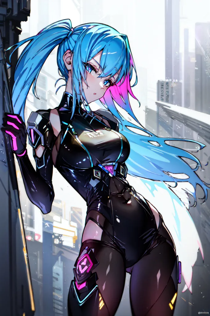 Esta es una ilustración de estilo anime de una mujer joven con el cabello azul largo y reflejos rosados. Lleva un body negro con acentos rosados y azules. Tiene una expresión seria en el rostro y mira al espectador. Está de pie en una ciudad futurista con altos edificios y una gran pantalla de fondo.