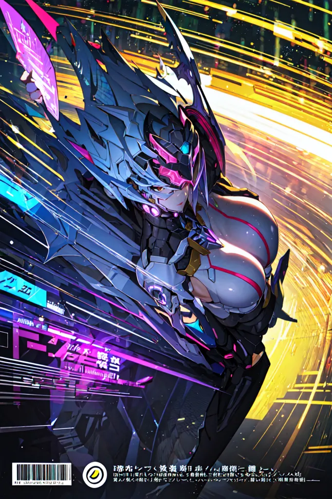 The image is a digital painting of a female character in a futuristic setting. She is wearing a black and purple bodysuit with a large collar and a visor over her eyes. Her hair is long and flowing, and she has a large wing-like structure on her back. She is standing in a city, and there are buildings and lights all around her. The painting is done in a realistic style, and the colors are vibrant and saturated. The image is full of energy and movement, and it seems like the character is about to engage in some kind of action.