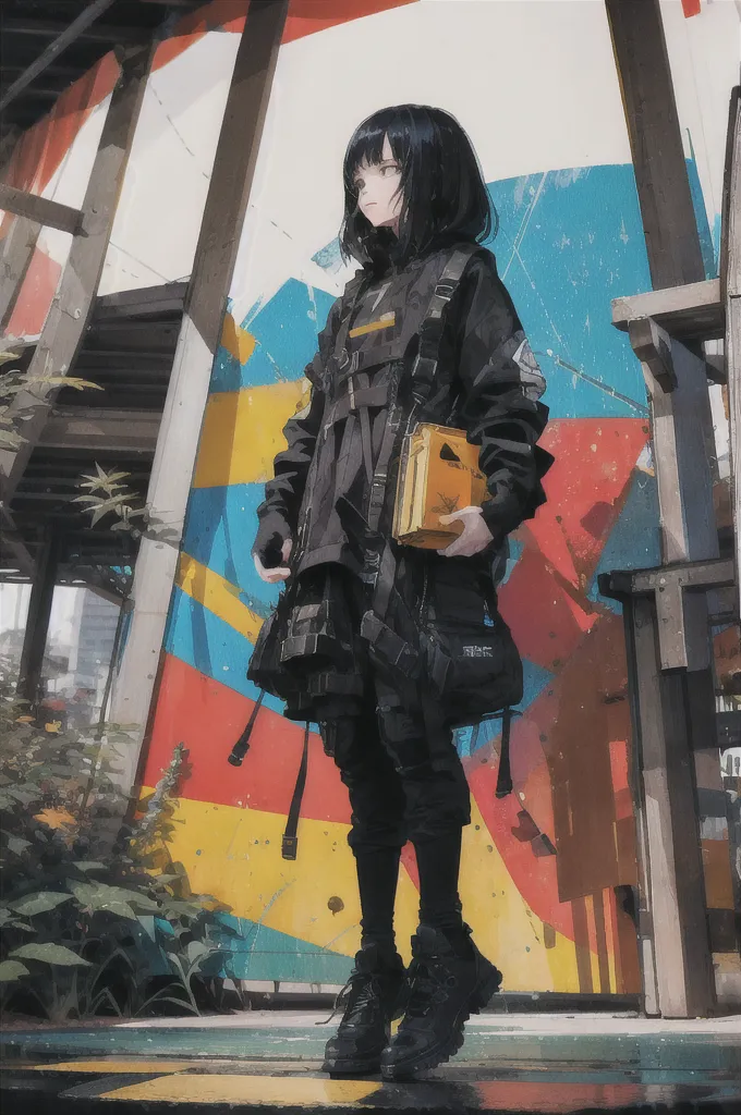 The image is a painting of a young woman standing in front of a colorful wall. The woman is wearing a black jacket and pants, and she has short black hair. She is carrying a book in her left hand. The wall behind her is painted with bright colors, and there is a plant growing in front of it. The painting is done in a realistic style, and the artist has used a variety of techniques to create a sense of depth and texture.