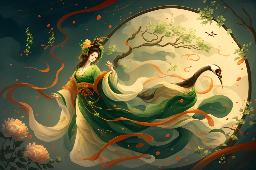 The image is a painting of a Chinese woman in a green dress with long flowing hair. She is standing in front of a large moon and is surrounded by clouds. The woman is holding a crane in her hand. The painting is done in a traditional Chinese style and is very detailed.