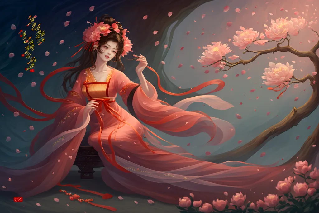 The image is a painting of a beautiful woman in a pink dress with red and gold trim. There are also pink flowers in her hair. The woman is sitting on a rock in front of a tree. The tree has pink flowers on it. The woman is holding a red ribbon and a needle. The background is a dark blue night sky with a full moon. There are also some red and pink flowers on the ground. The painting is very detailed and the colors are very vibrant.