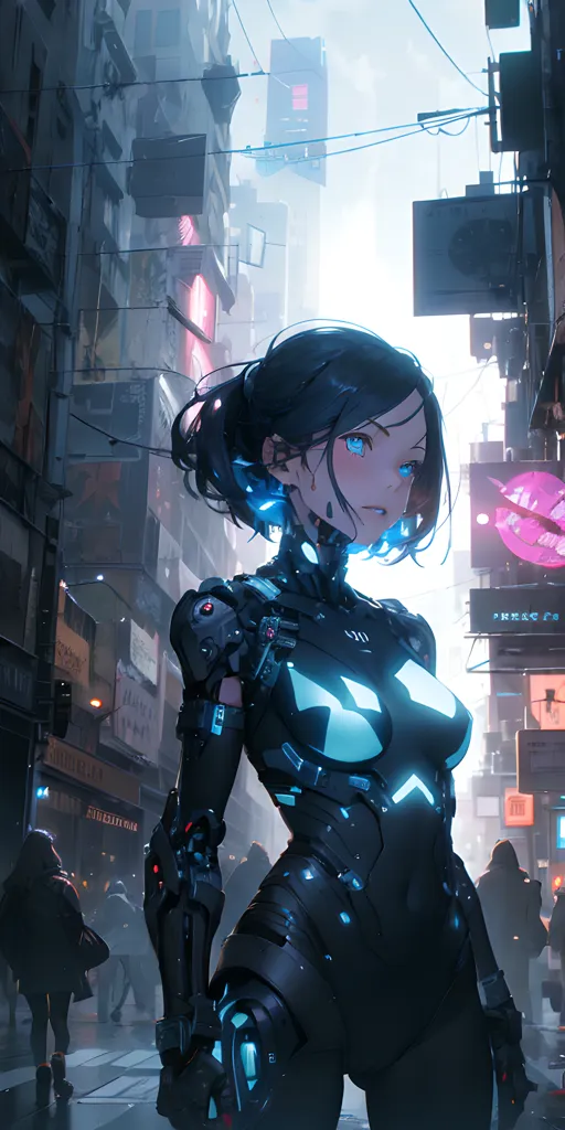 The image is a depiction of a futuristic city with a female character in the foreground. The character is dressed in a black and blue bodysuit with various technological gadgets and enhancements, including a robotic arm and leg. She has blue eyes and dark hair tied in a ponytail. The city is depicted as being dark and rainy, with various neon lights and signs. There are people walking in the background. The image is a mix of cyberpunk and anime aesthetics.