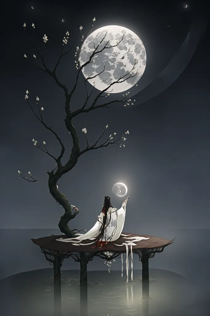 The image is a beautiful Chinese painting of a woman sitting on a round platform under a tree. The woman is wearing a white dress with long black hair. She is holding a crescent moon in her hand. The tree is bare, except for a few blossoms. The moon is full and bright. The background is a dark blue sky with two crescent moons. The painting is done in a realistic style and the colors are vibrant and lifelike.