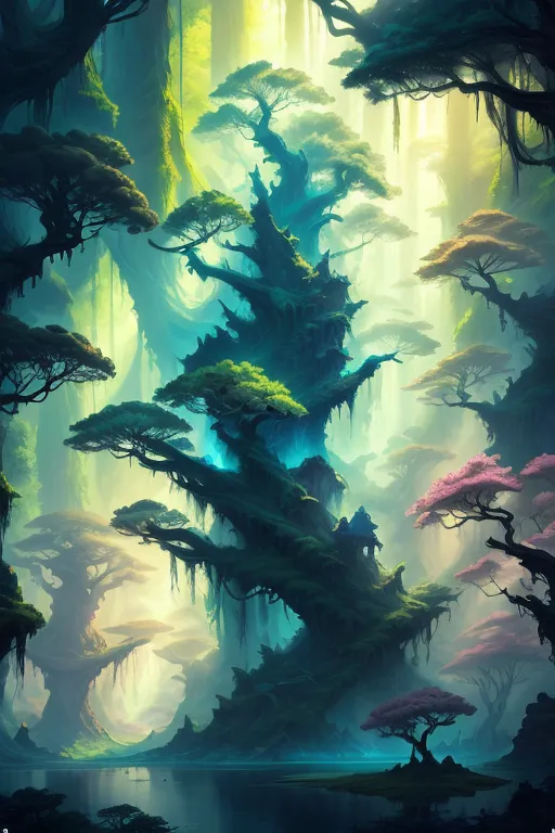 The image is a digital painting of a forest. The forest is made up of tall, slender trees with bright green leaves. The trees are so tall that they block out the sun, creating a dark and shadowy atmosphere. The only light comes from a few small moonbeams shining through the trees. There is a blue lake in the foreground of the image, reflecting the light of the moonbeams. On the lake, there are several small, rocky islands. The image is very detailed and realistic, and it captures the beauty and mystery of the forest.